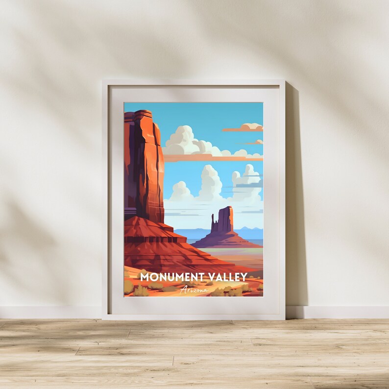 Pu&ograve; includere: Un poster incorniciato con un'illustrazione colorata di Monument Valley in Arizona. Il poster presenta una formazione rocciosa rossa con un cielo blu e nuvole bianche sullo sfondo. Il testo "Monument Valley, Arizona" &egrave; stampato nella parte inferiore del poster.