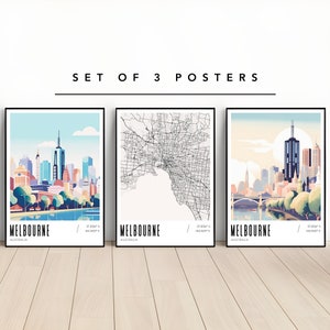 Juego de carteles de Melbourne (Australia), impresión de Melbourne, póster de mapa de Melbourne, descarga digital, arte mural de Melbourne, impresión de mapa de Melbourne