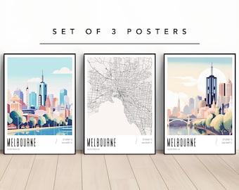 May include: Set of three posters featuring a stylized illustration of the Melbourne skyline, a map of Melbourne, and a detailed illustration of the city's skyline with a river and bridge.