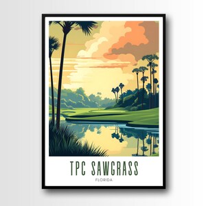 May include: A colorful illustration of a golf course with a lake and palm trees. The text "TPC Sawgrass" and "Florida" is printed below the image.