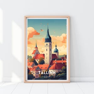May include: A colorful illustration of the Tallinn skyline, featuring a tall church steeple and other buildings. The text "TALLINN Estonia" is at the bottom of the image.