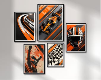 Conjunto de parede de galeria de F1 com 5, arte de parede de Fórmula 1, pôster de F1 inspirado na McLaren, impressão de F1, pôster de automobilismo, sala de jogos, presente para filho, presente para ele