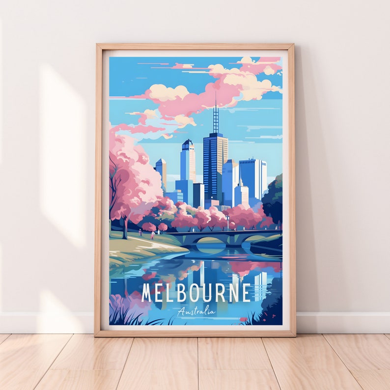 May include: A colorful illustration of the Melbourne skyline with a bridge and river in the foreground. The city is depicted with tall buildings and a blue sky with pink clouds. The text "MELBOURNE Australia" is at the bottom of the image.