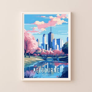 May include: A colorful illustration of the Melbourne skyline with a bridge and a river in the foreground. The city is depicted with tall buildings and a pink sky. The text "MELBOURNE" and "Australia" is displayed at the bottom of the image.