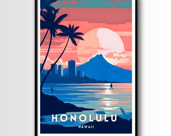 May include: A colorful poster with a silhouette of a city skyline, palm trees, and a mountain in the background. The sky is a vibrant pink and orange, with a large white sun. The water is a deep blue, and the text "HONOLULU HAWAII" is printed at the bottom.
