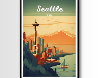 May include: A vintage travel poster featuring a colorful illustration of the Seattle skyline, including the Space Needle, with Mount Rainier in the background. The text "Seattle USA" is at the top of the poster.