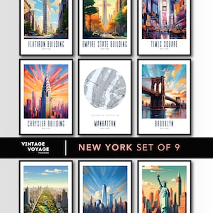 Juego de 9 carteles de Nueva York, juego de impresiones de Nueva York, arte mural de Nueva York, Brooklyn, Central Park, Times Square, Empire State, Flatiron, regalo de Chrysler