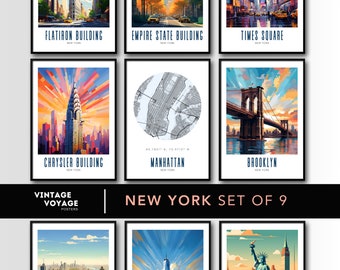 New York Poster set of 9, New York print set, New York Wall Art, Brooklyn, Central Park, Times Square, Empire State, Flatiron, Chrysler gift