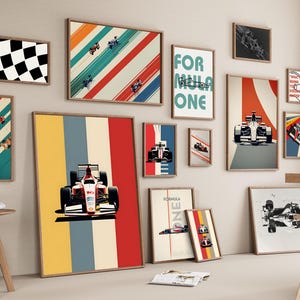 May include: A gallery wall featuring framed prints of Formula One racing cars, chequered flags, and the words "For Mula One". The prints are in a variety of colours, including red, blue, yellow, and white.