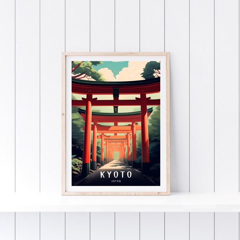 May include: A framed poster with a colorful illustration of a pathway lined with red torii gates, a traditional Japanese shrine entrance. The poster has the text "KYOTO JAPAN" at the bottom.