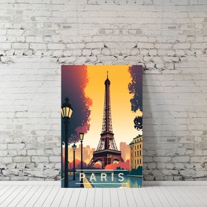 May include: A vintage-style poster featuring the Eiffel Tower in Paris, France. The poster has a yellow, orange, and purple color scheme with a silhouette of the Eiffel Tower in the center. The text "PARIS" is printed in white at the bottom of the poster.
