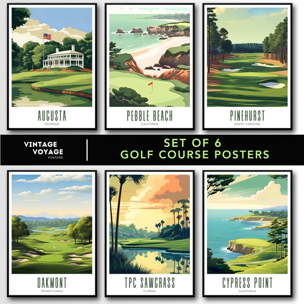 Golf Prints Set, Augusta, Pebble Beach, Pinehurst, Golf course Posters, Golf Wall Art, Digital Download, golf course poster bundle, Gift