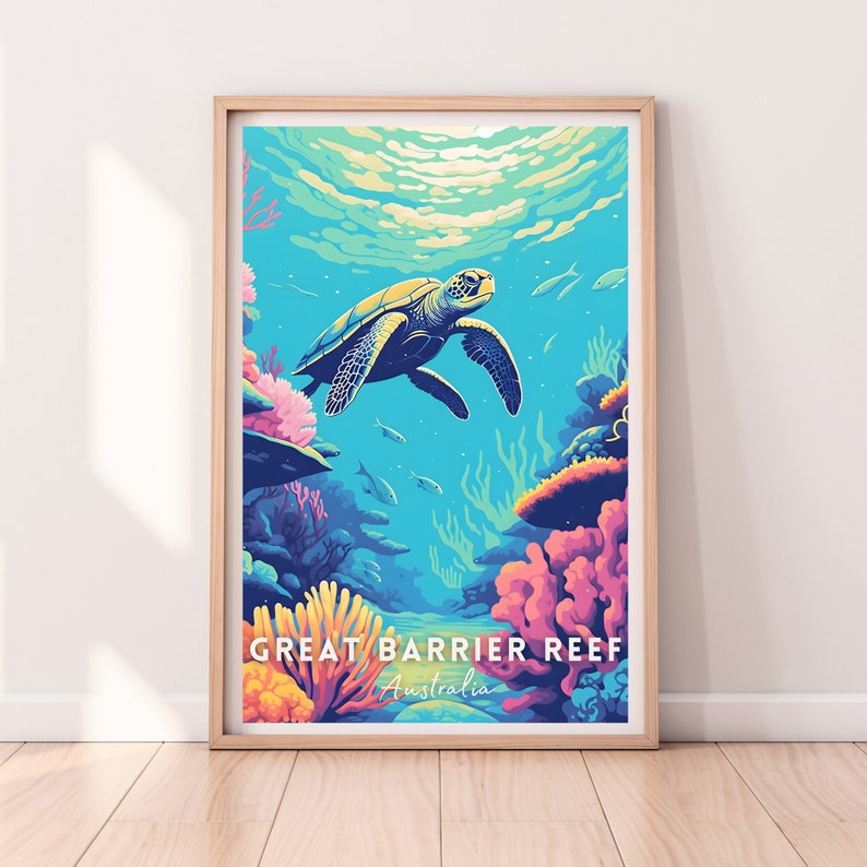 K&ouml;nnte beinhalten: Eine farbenfrohe Illustration einer Meeresschildkr&ouml;te, die im Great Barrier Reef schwimmt. Die Schildkr&ouml;te ist von Korallen und Fischen umgeben. Der Text "Great Barrier Reef Australia" befindet sich am unteren Rand des Bildes.