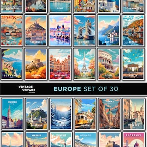 Europa Reiseplakatgalerie 30er-Set, Europa Wandkunst, Druck, Reisegeschenk, Paris, London, Lissabon, Rom, Berlin, Madrid, Athen, Venedig