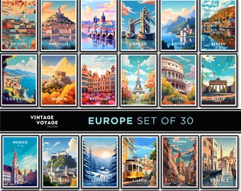 Europe Travel Poster Set of 30, City Prints (Digital Download)