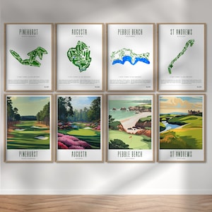 Póster de campo de golf (8 unidades), impresión de mapa de campo de golf (Augusta, St. Andrews, Pinehurst, Pebble Beach), arte de pared de golf imprimible, regalo de golf