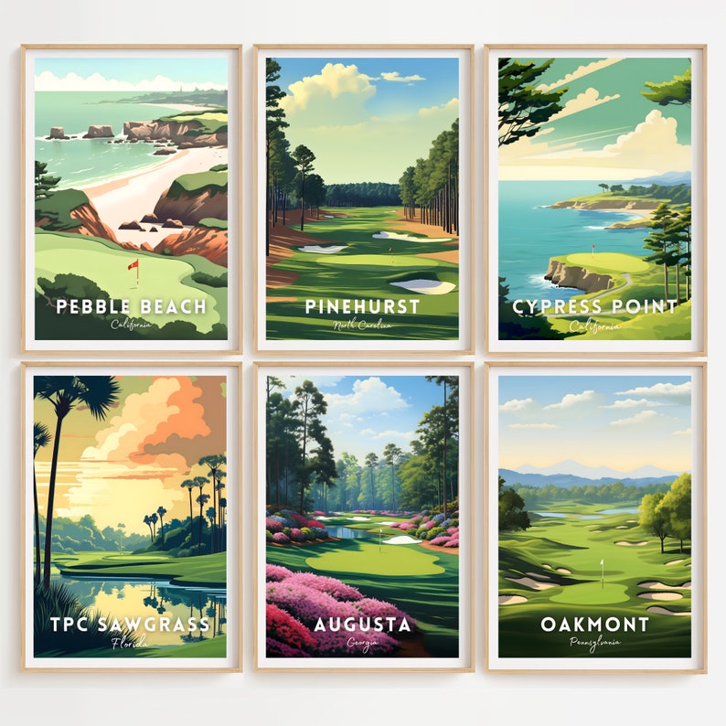 Golf Prints Set of 12, Augusta, Pebble Beach, Pinehurst, Golf Course Golf Prints Set of 12, Augusta, Pebble Beach, Pinehurst, Golf Course