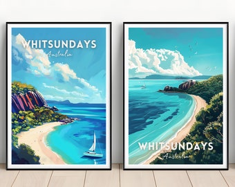 May include: Two colourful travel posters with the text "Whitsundays Australia" and images of a tropical island with a white sandy beach and turquoise water.