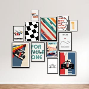May include: A collection of framed prints featuring Formula One racing themes. The prints include checkered flags, race cars, and the Monaco Grand Prix track. The prints are in black frames and have a modern, minimalist design.