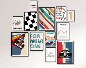 May include: A collection of framed prints featuring Formula One racing themes. The prints include checkered flags, race cars, and the Monaco Grand Prix track. The prints are in black frames and have a modern, minimalist design.