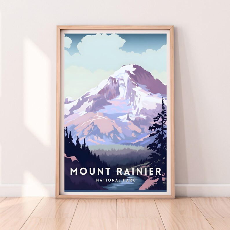 Mount Rainier Travel Poster, Mount Rainier Wall Art Print, Digital Download, Printable Mount ...