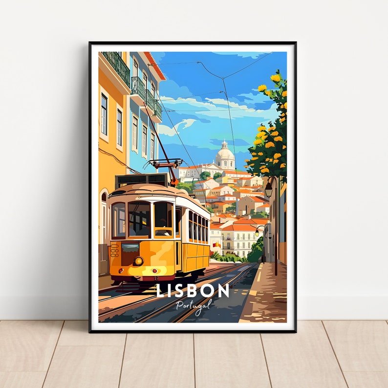 May include: A yellow tram travels uphill in Lisbon, Portugal. The tram is labelled "1288". The city is in the background, with a white church at the top of the hill.