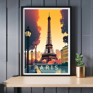 May include: A framed poster with a vintage travel illustration of the Eiffel Tower in Paris, France. The poster features a yellow sunset sky, a silhouette of trees, and the text "PARIS" in a bold, white font.