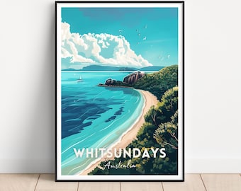 May include: A colourful illustration of a beach scene with a curved shoreline, turquoise water, and lush green trees. The text "WHITSUNDAYS Australia" is at the bottom of the image.