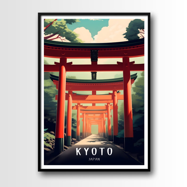 May include: A vibrant red torii gate, a traditional Japanese shrine entrance, stands tall against a backdrop of lush green trees. The gate is made of wood and painted a bright red, with a black roof. The gate is surrounded by a path that leads to a forest in the distance. The text "KYOTO JAPAN" is printed below the gate.