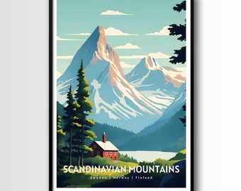 Scandinavian Mountains Travel Poster, Nordic Landscape Art (Digital Download)