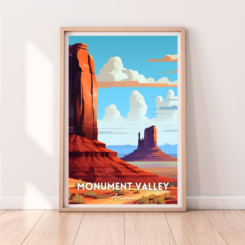 Pu&ograve; includere: Un poster vintage di viaggio che presenta una vista panoramica di Monument Valley in Arizona. Il poster ha un cielo blu con nuvole bianche e formazioni rocciose rosse in primo piano. Il testo "Monument Valley, Arizona" &egrave; stampato in bianco nella parte inferiore del poster.