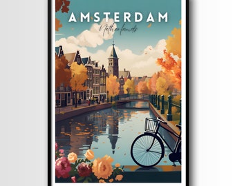 Amsterdam Travel Poster, Autumn Canal Scene (Digital Download)