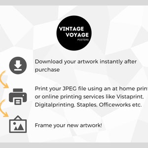 May include: A diagram showing the steps to download, print, and frame artwork. The steps are illustrated with icons: a download arrow, a printer, and a picture frame. The text reads: "Download your artwork instantly after purchase. Print your JPEG file using an at home printer or online printing services like Vistaprint, Digitalprinting, Staples, Officeworks etc. Frame your new artwork!"