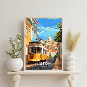 May include: A vintage-style illustration of a yellow tram travelling up a hill in Lisbon, Portugal. The tram is surrounded by colourful buildings and a blue sky with white clouds. The text "LISBON Portugal" is at the bottom of the image.