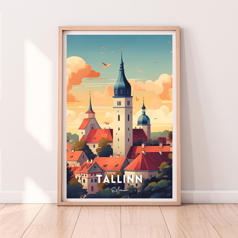 May include: A colorful illustration of the Tallinn skyline in Estonia. The illustration features a tall church steeple with a blue roof and a red brick building with a green roof. The text "TALLINN" and "Estonia" is written in white at the bottom of the illustration.