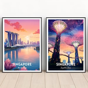 Singapore Poster set of 2, Singapore Wall Art, Singapore print, Marina Bay Sands poster, Singapore gift, Travel gift, Supertree Grove