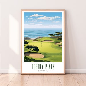 May include: A colorful illustration of a golf course with a green fairway, sand traps, and a blue ocean in the background. The text "TORREY PINES CALIFORNIA" is at the bottom of the image.