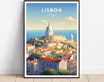 May include: A colorful illustration of Lisbon, Portugal, with a white building with a dome in the center of the image. The building is surrounded by other buildings and trees. The ocean is in the background.