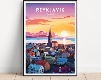Cartaz de viagem de Reykjavik, impressão de Reykjavik, arte de parede de Reykjavik, impressão da Islândia, pôster da Islândia, arte de parede da Islândia, presente da Islândia