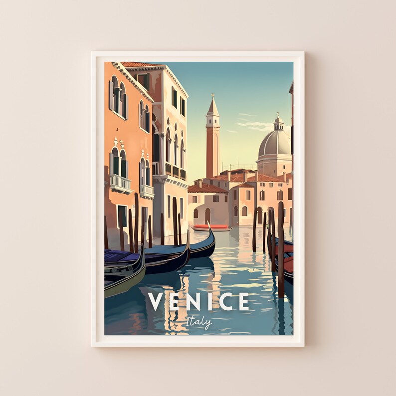 May include: A vintage travel poster featuring a view of Venice, Italy. The poster shows a canal with gondolas and buildings along the water. The text "VENICE - Italy" is at the bottom of the poster.