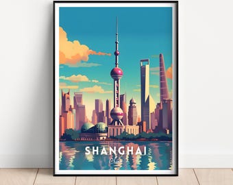 May include: A colorful illustration of the Shanghai skyline with the iconic Oriental Pearl Tower in the center. The illustration is set against a blue sky with white clouds and a reflection of the city in the water below. The text "SHANGHAI" is written in white letters at the bottom of the image.