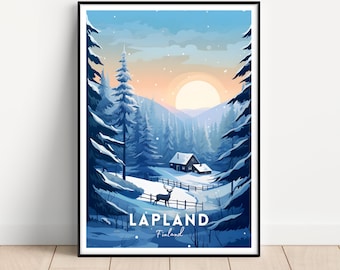 May include: A winter scene with a cabin in the woods, a deer in the foreground, and the text "LAPLAND Finland". The sky is blue with a bright sun and snow on the ground.