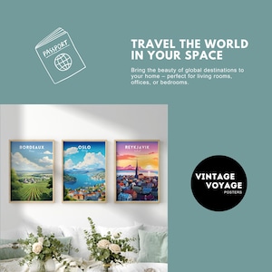 May include: Three framed travel posters with vintage illustrations of Bordeaux, Oslo, and Reykjavik. The posters are hanging on a white wall above a white couch with green plants and white flowers.