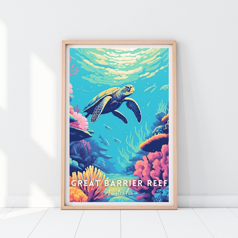 K&ouml;nnte beinhalten: Eine farbenfrohe Illustration einer Meeresschildkr&ouml;te, die im Great Barrier Reef schwimmt. Die Schildkr&ouml;te ist gr&uuml;n und gelb mit einer blauen Schale. Das Riff ist eine lebendige Mischung aus Korallen, Fischen und Pflanzen. Der Text "Great Barrier Reef" und "Australia" ist unter dem Bild gedruckt.