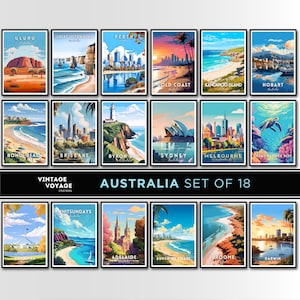 Conjunto de pósteres de viajes de Australia, conjunto de arte mural de Australia, conjunto de pósteres de Australia, Melbourne, Perth, conjunto de impresiones de viajes de Australia, póster de Sídney, regalo