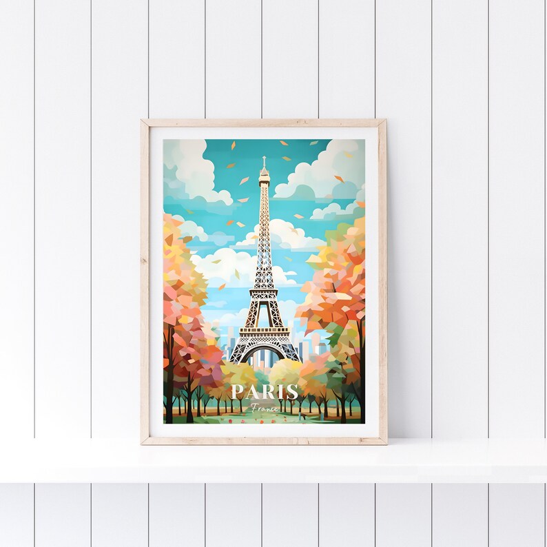 May include: A digital illustration of the Eiffel Tower in Paris, France. The tower is surrounded by trees with orange, yellow, and red leaves. The sky is blue with white clouds and falling leaves.