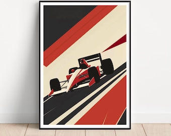 May include: A red and white race car speeding down a black and white striped track with a red and white striped background.