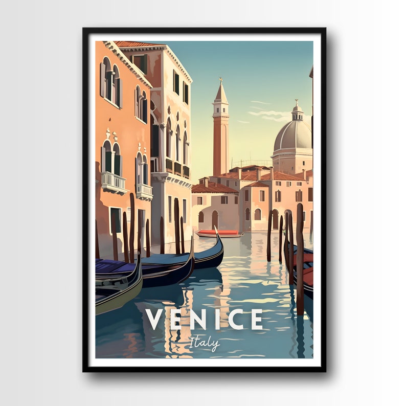 May include: A vintage travel poster featuring a colorful illustration of a canal in Venice, Italy. The poster shows gondolas on the water, buildings lining the canal, and a bell tower in the distance. The text "VENICE Italy" is printed at the bottom of the poster.