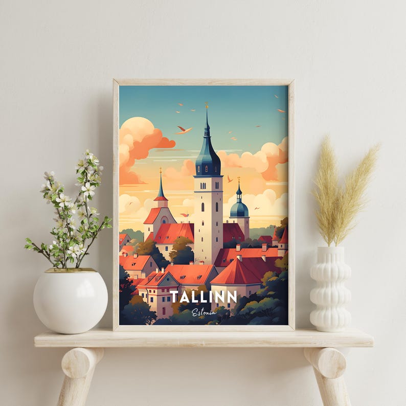 May include: A colorful illustration of the Tallinn skyline, featuring a tall church steeple and other buildings. The text "TALLINN Estonia" is at the bottom of the image.