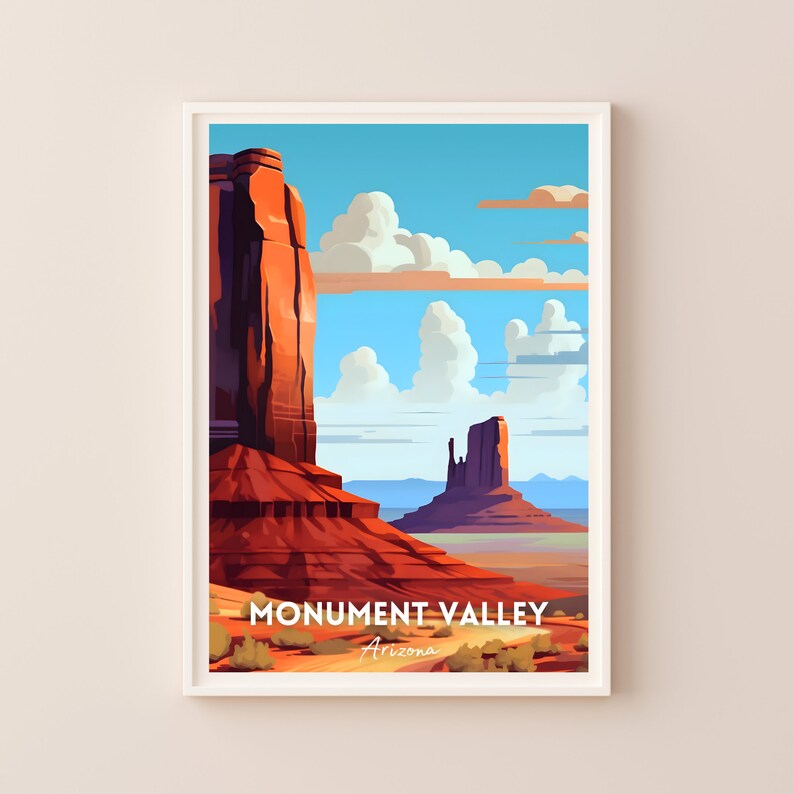 Pu&ograve; includere: Un'illustrazione colorata di Monument Valley in Arizona. L'immagine presenta due grandi formazioni rocciose rosse su uno sfondo di cielo blu con nuvole bianche. Il testo "Monument Valley" e "Arizona" &egrave; stampato sotto l'immagine.